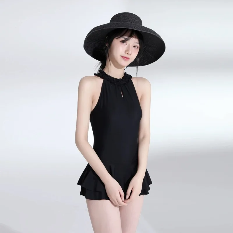 

Women's New One-piece Swimsuit Pure Style Skirt Style Show Off Slimming Backless Pure Black Hot Spring Swimsuit