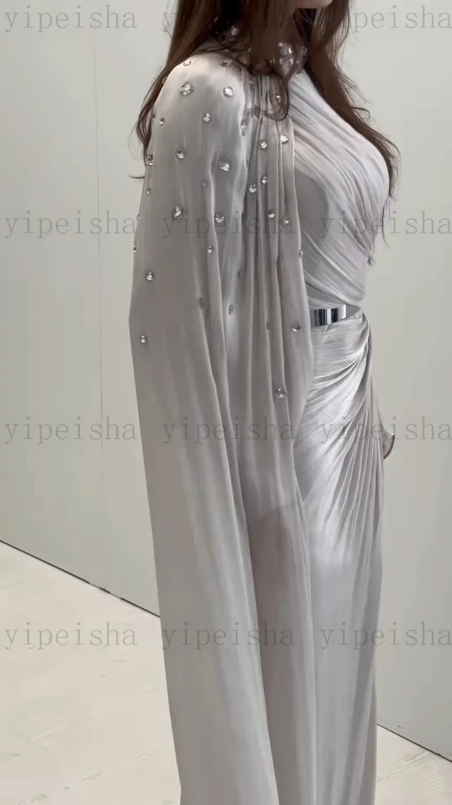 Personalizado alta pescoço saudita vestidos de noite cristal miçangas manga cheia plissado drapeado organza vestido de baile longo vestido de festa reto