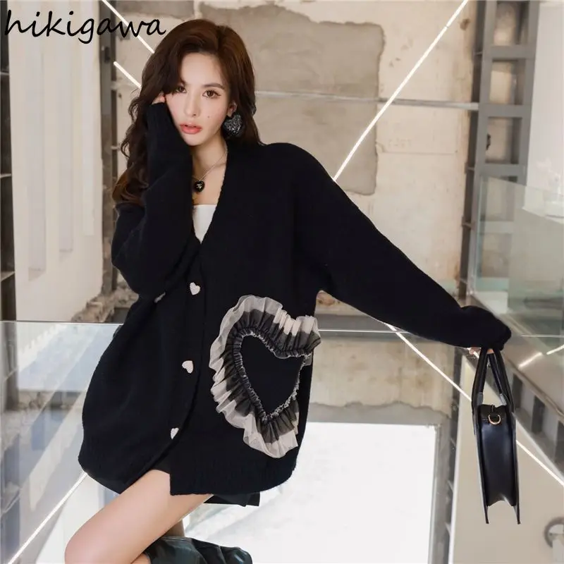 Cute Gauze Patchwork Cardigan Coat Women Sueter Mujer Casual Fashion Knit Oversized Sweater Pull Femme 2024 Fall Winter Clothing