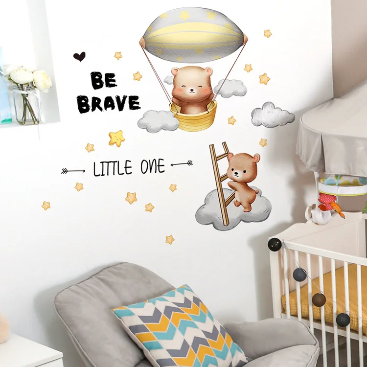 Cartoon-Bär-Heißluftballon-Wandaufkleber für Jungen, Kinderzimmer-Dekoration, Wandbild, Hintergrund-Dekoration für Zuhause, selbstklebende niedliche Tapete – Detail 2