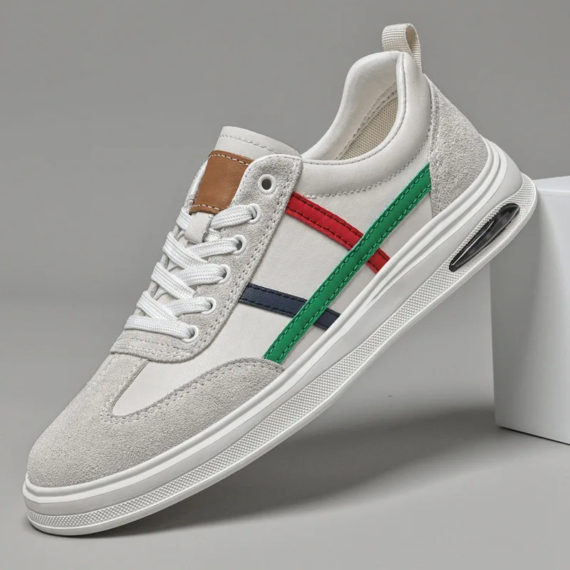 

2026 Spring New Shoes for Men Genuine Leather Casual Shoes Trend Striped Flat Skateboard Shoes Lace-up Sneaker