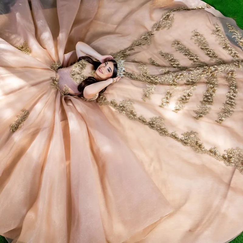 Champagne Quinceanera Dress Sequins Golden 3D Flower Decal Long tail off-shoulder Lace Bow Vestidos De 15 Quinceanera ﻿Customize