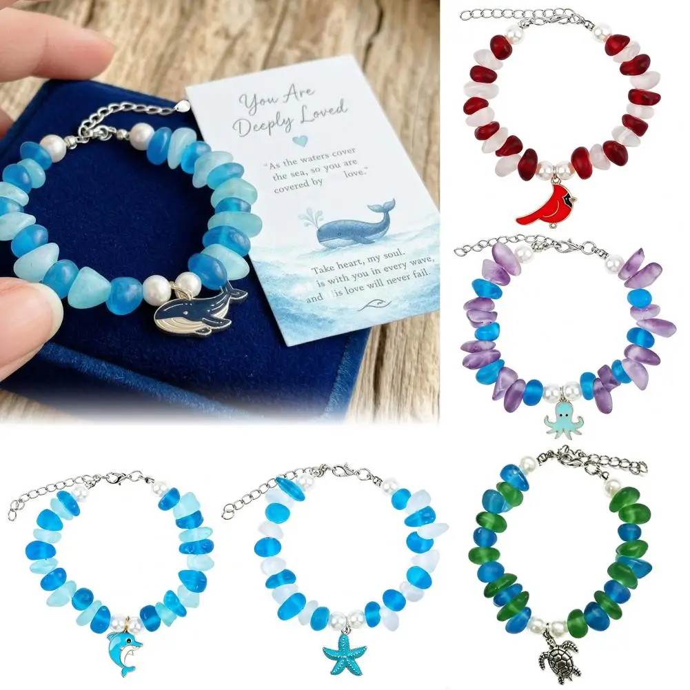 Sea Glass Blessing Bracelet, Handmade Animal Charm Bracelet, Adjustable Ocean Inspirational Friendship Jewelry Gift for Women