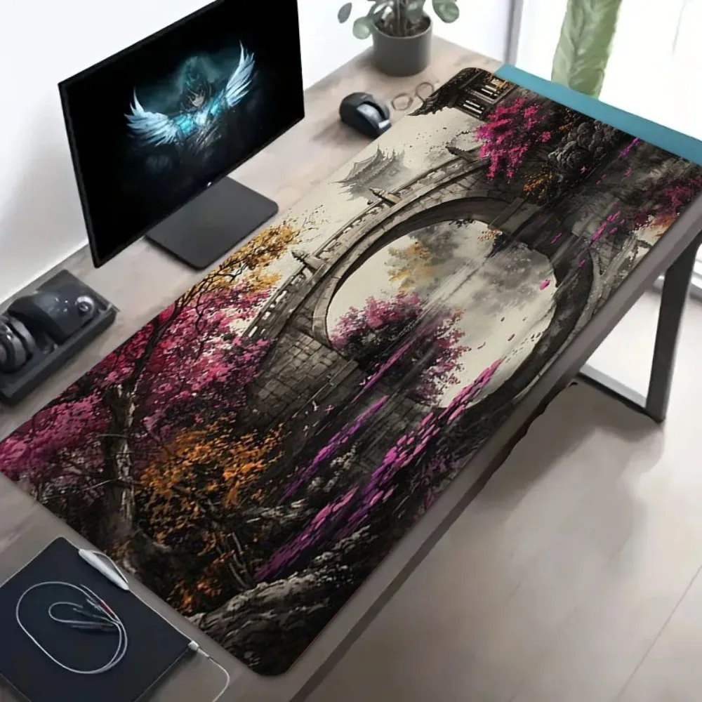 Large Fantasy Arch Bridge Desk Mat, Japanese Ink Style Extended Mouse Pad, Non-Slip Cherry Blossom Gaming Decor