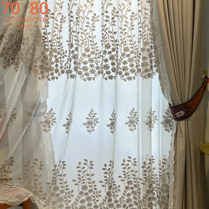 

French Embroidered Window Screen Cream Relief Velvet Jacquard Thickened Curtains for Living Room Bedroom French Window