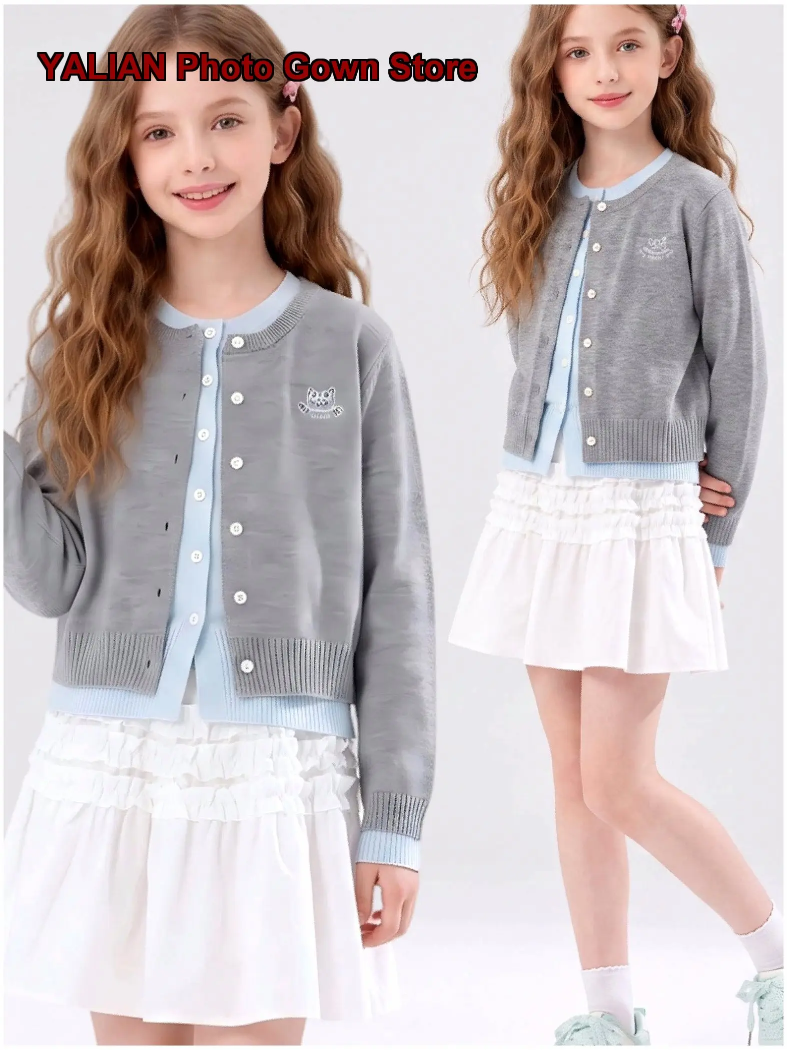 Older Girls Casual Style Older Kids Knit Top Autumn Comfortable Contrasting Colors Placket Embroidered Cardigan