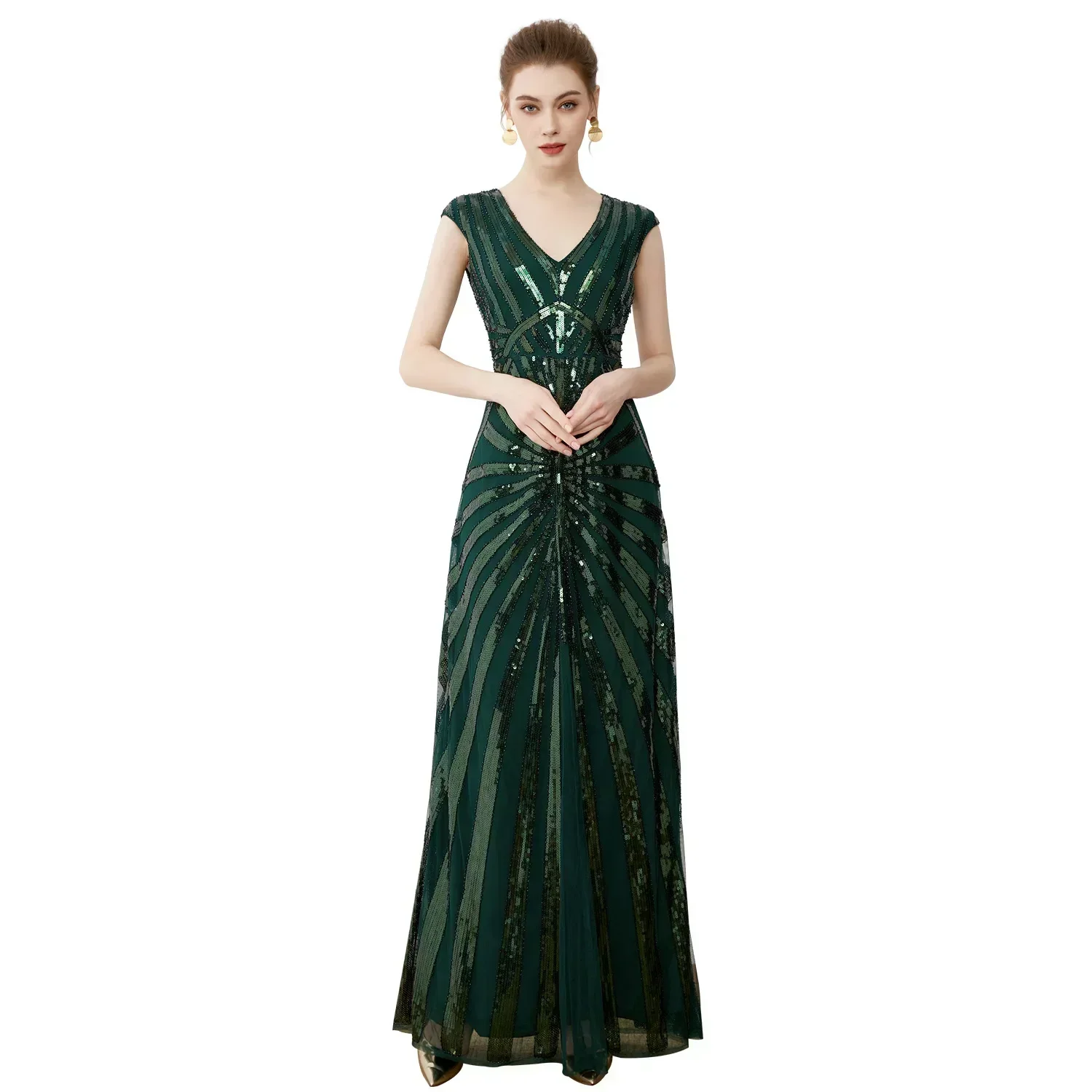 Vintage Banquet Dark Green Long Sequined Evening Plus Size Bridesmaid Wedding Deep V Elegant Dress Long Dress Evening Dresses