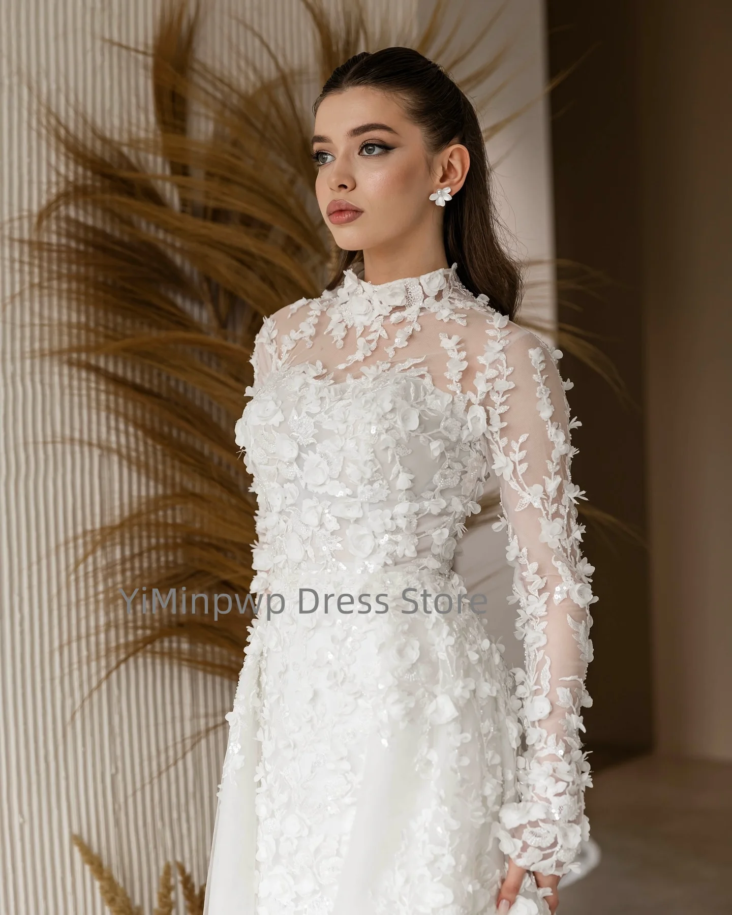 Vestidos de casamento requintados, gola alta, manga longa, sereia, vestido de noiva, flor, trem de varredura, vestido de noiva personalizado