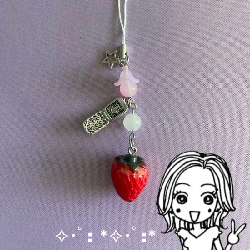 Fashion Star Beads Strawberry Keychain Phone Accessories Y2K Handmade Strawberry Phone Hanging Accessories Matching Keychain