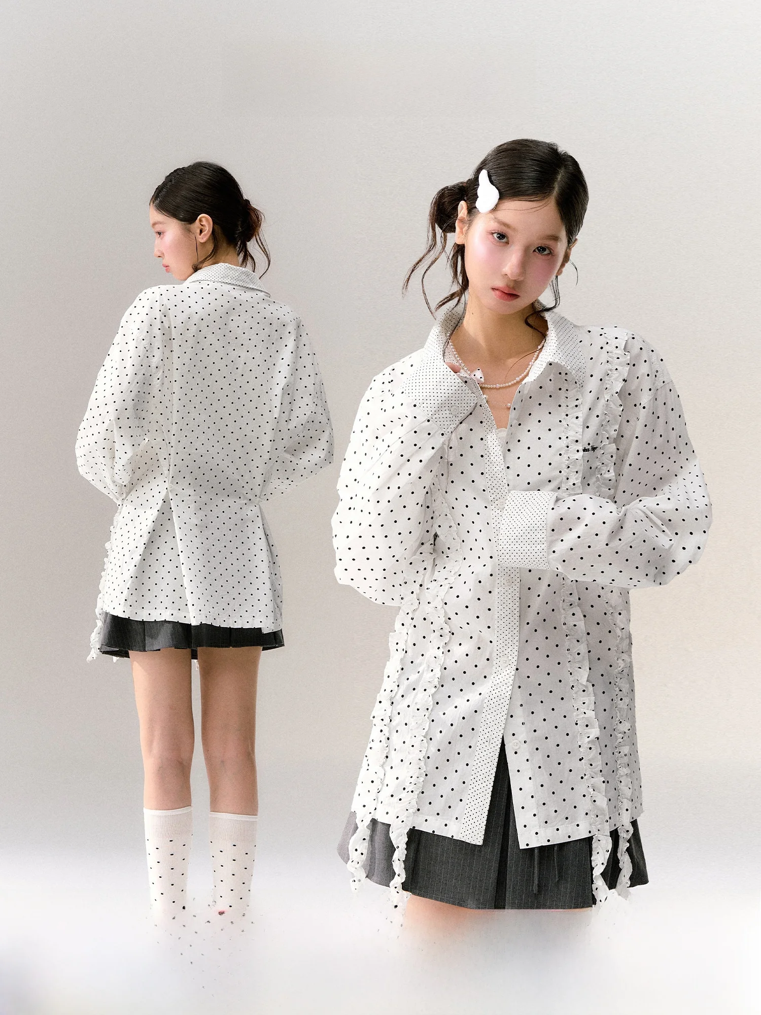 

Sweet Style Long Sleeve Patchwork Polka Dot Blouse Women Loose Fit Shoulder Lengthened Hemline Cotton Spring Summer Shirt