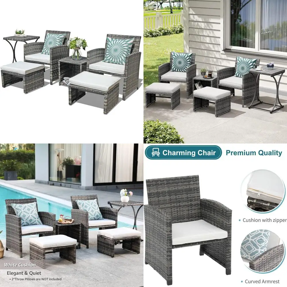 

6-Piece Outdoor Grey Wicker Patio Furniture Set with Ottoman, Conversation Area for Balcony