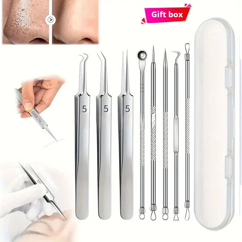 5/8Pcs Professional Facial Blackhead Remover Tweezers, High-Precision Stainless Steel Tweezers-Needle-Nose Pliers Tool Kit