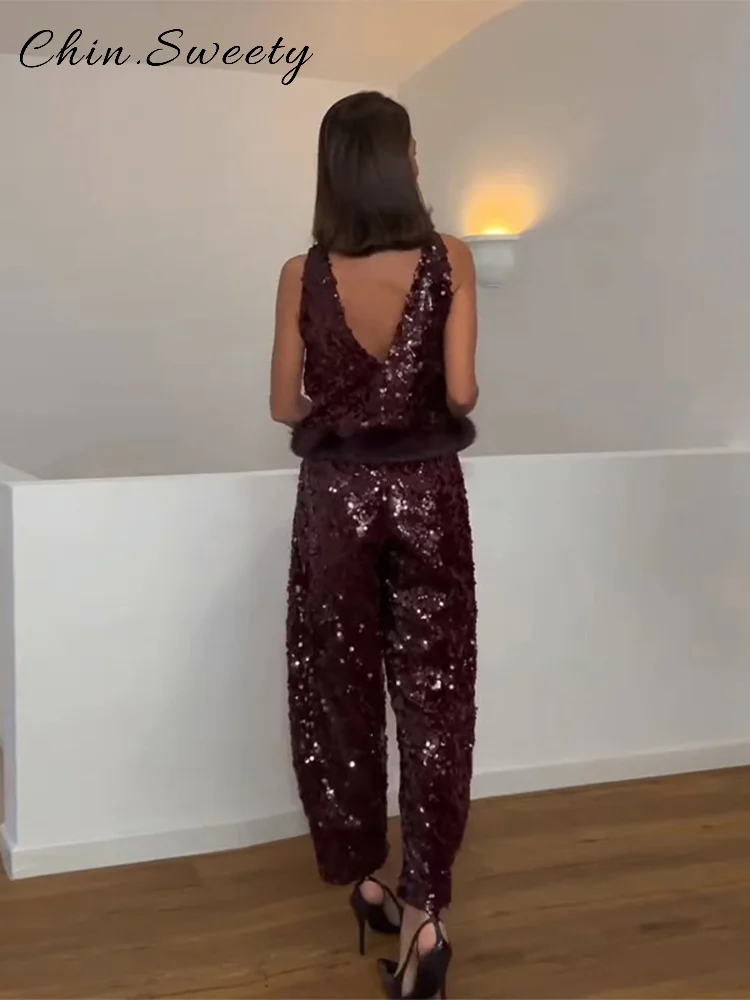 Conjuntos de pantalones y chaleco de plumas empalmados con lentejuelas para mujer, Tops sin mangas con cuello redondo y espalda descubierta, pantalón de pierna ancha, traje de fiesta para primavera 2026