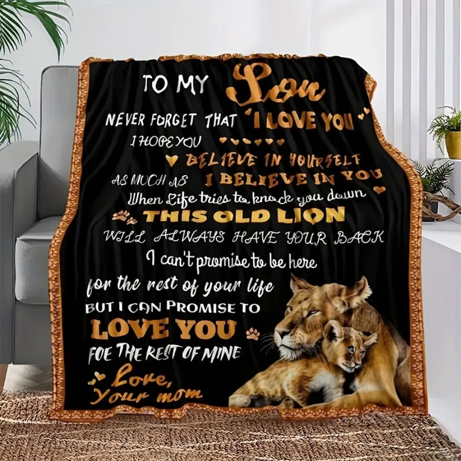 

1pc Mom Son Fleece Blanket - Animal-Themed Inspirational Quote, All-Season Polyester Knit Throw