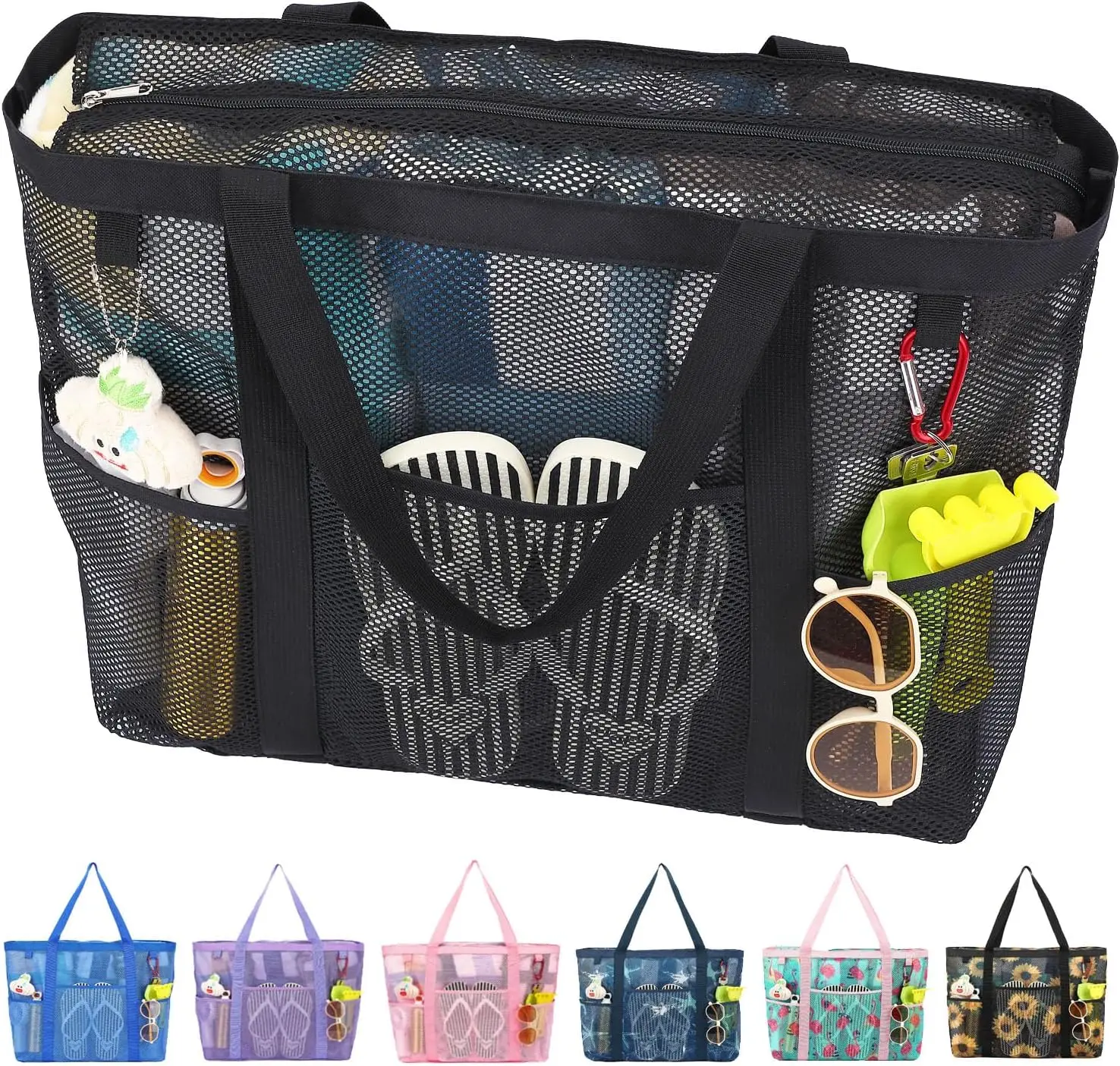 

Large Mesh Beach Bag with Zipper, Women's Pool Tote for Travel Vacation Essentials