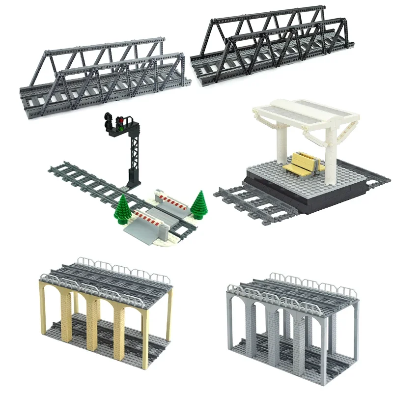 DIY Bricks MOC Building Blocks City Trains Bridge with Tracks Railway Traffic Light Sign Block Lever Station Educational Parts