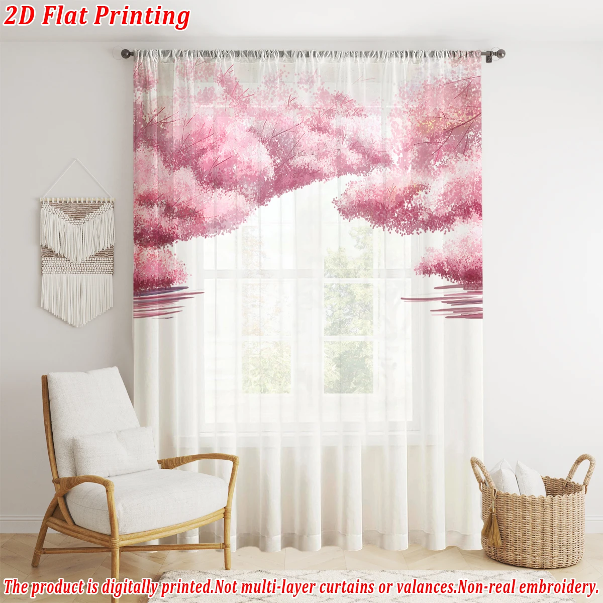 ستارة شفافة بطباعة مسطحة من أزهار الكرز الوردي، قماش خفيف، لغرفة المعيشة وغرفة النوم وديكور المنزل والنافذة
