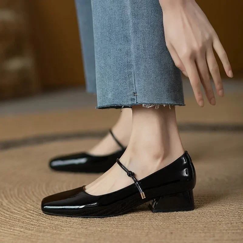 Mary Jane Shoes Wine Red Square Toe Leather Shoes for Women\'s Retro Patent Leather Shoe Chaussure Femme Small Heel Pumps