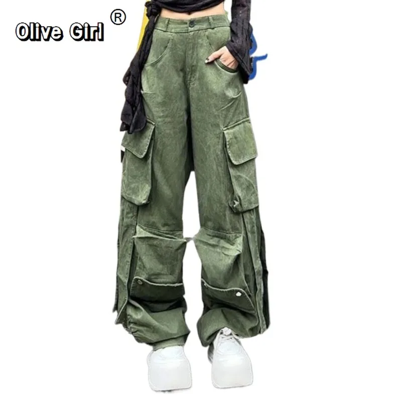 Olivegirl American Women's Pants Multiple Pockets Functional Workwear Trousers Autumn Straight Leg Loose Wide Leg Casual Pants