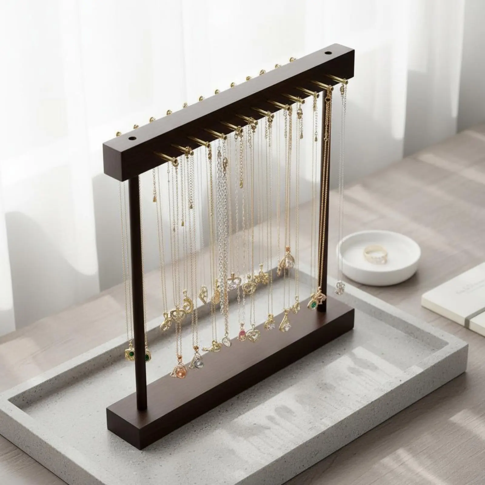 32 Hooks Necklace Display Stand Wooden Finish Necklace Display Stand Countertop Tabletop Jewelry Hanging Rack for Dresser Top