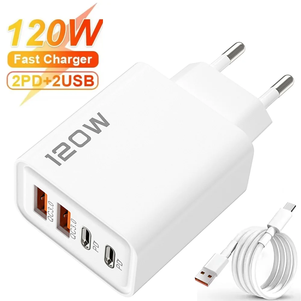 120W Fast Charger USB Type C Cable Fast Charging Phone Power Adapter For iPhone for Samsung Quick Charge Wall Charger