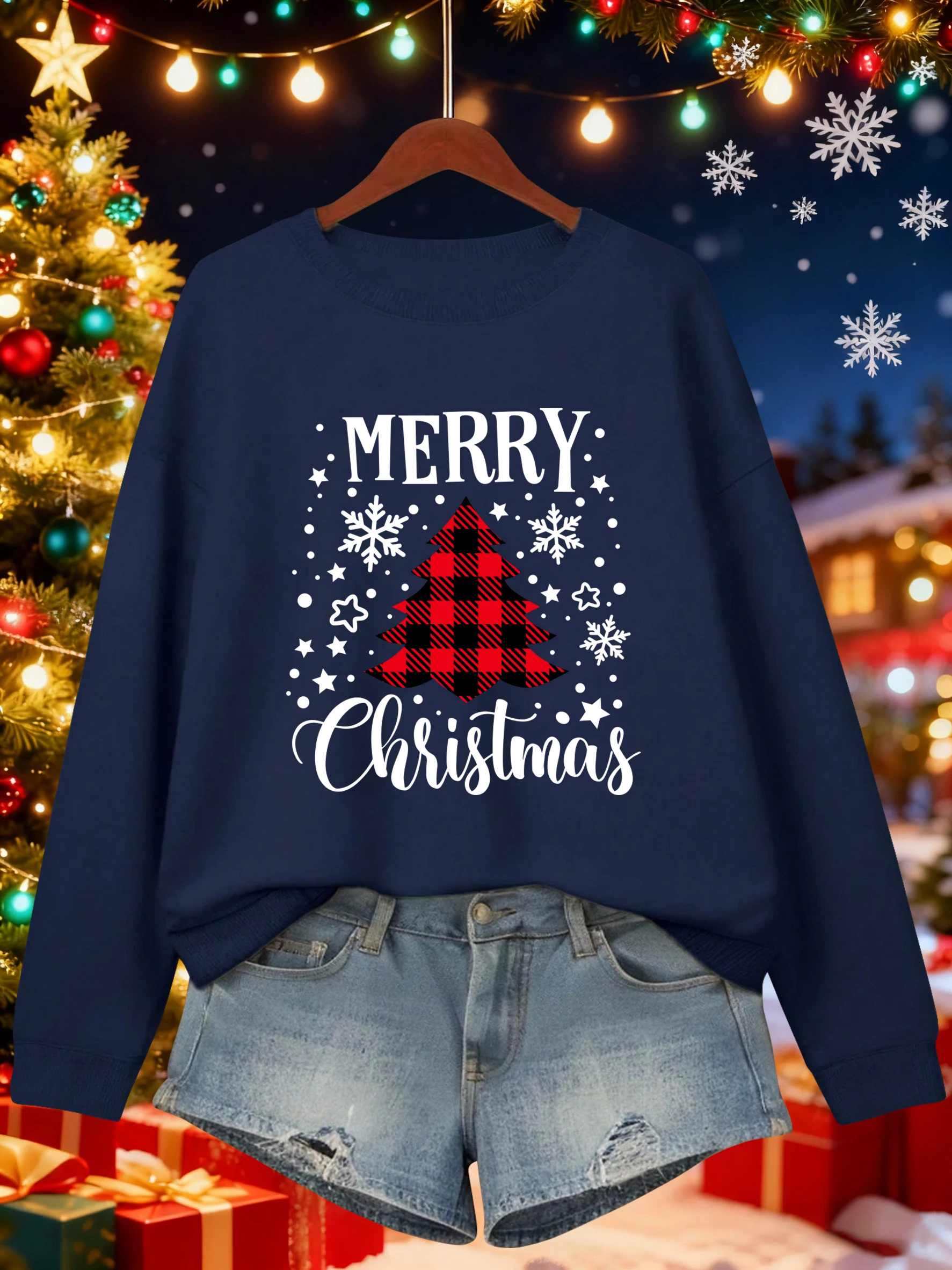 Joyeux Noël Rouge Grille Arbre Impression Sweat Femme Décontracté Y2K Multicolore Streetwear Pulls Ample Polaire O-cou Vêtements