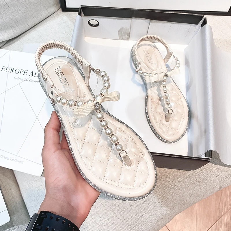 

Gentle style pearl thong sandals with sparkling rhinestones, flat versatile sandals for women