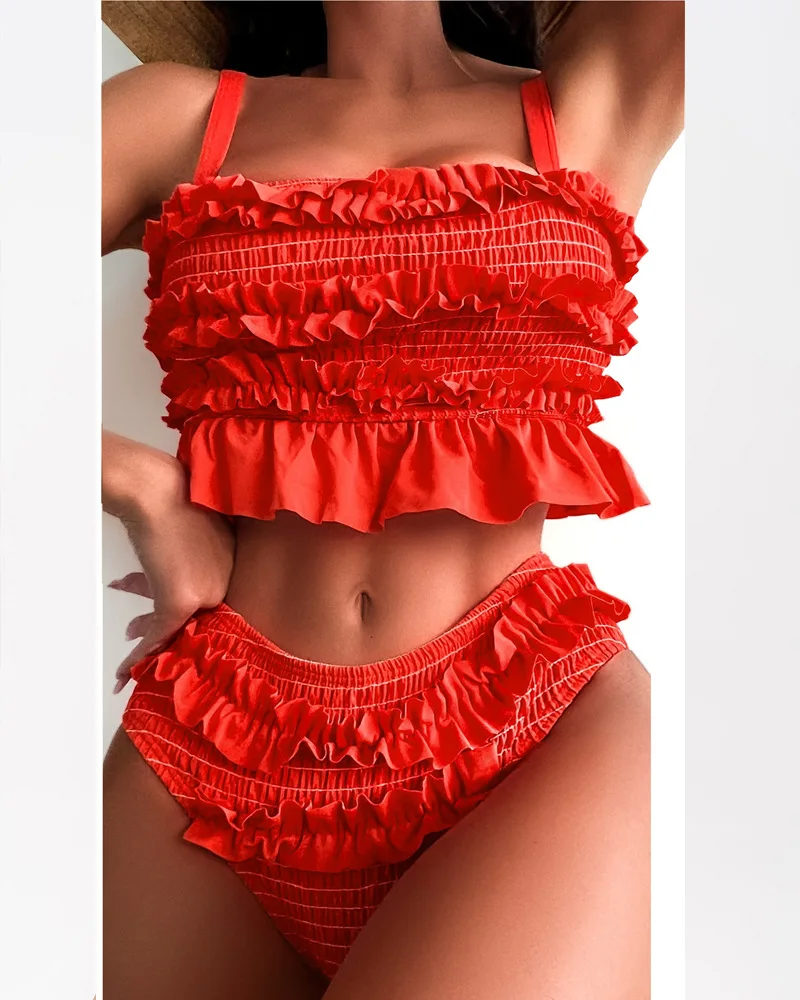 

Sexy Micro Bikini Swimwear Bikinis Sets Bathing Suit Women Two-piece Suits Solid Color Pleated High Waisted Triangular Swimsuit