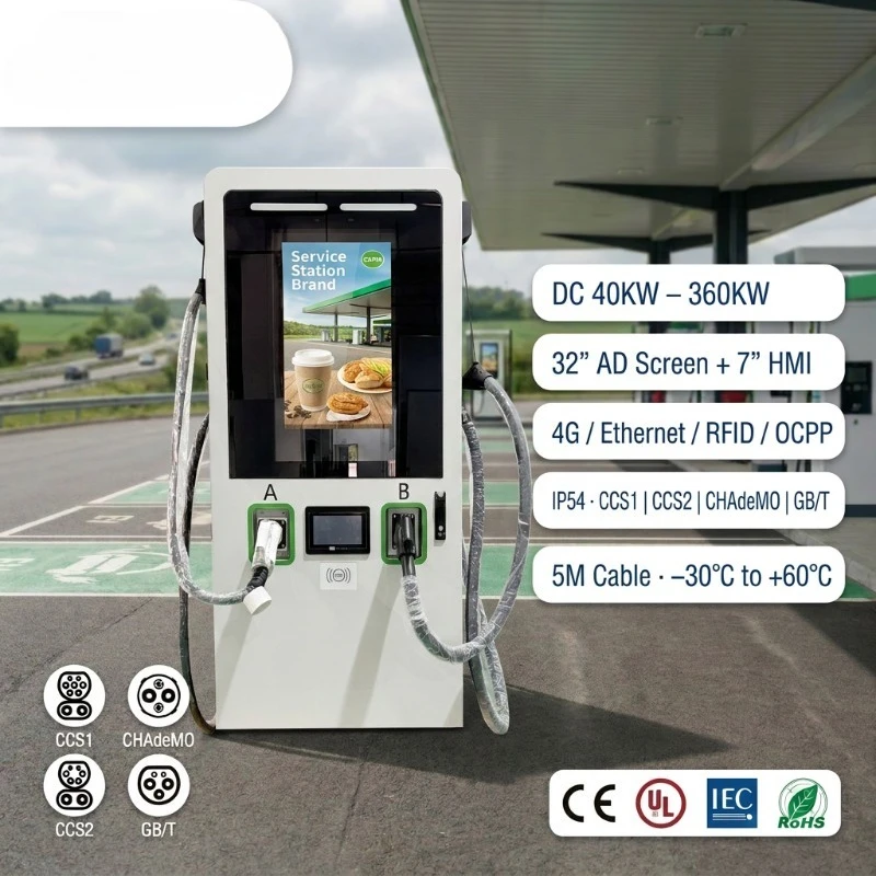 Customized 60KW 120KW 240KW Media DC EV Supercharger Double 22 Inch Screen CCS1 CCS2 CHADEMO GBT OCPP 1.6J 4G RFID IP54 EV Charg