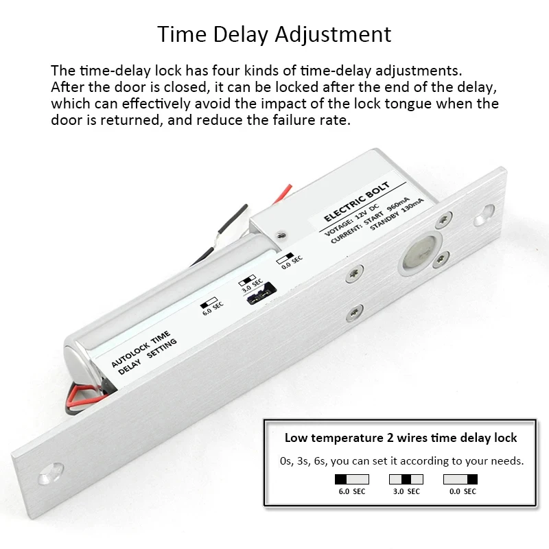 DC12V Fail Safe Electric Bolt Lock Low Temperature Drop Electronic Mortise Door Locks with Time Delay for Access Control System