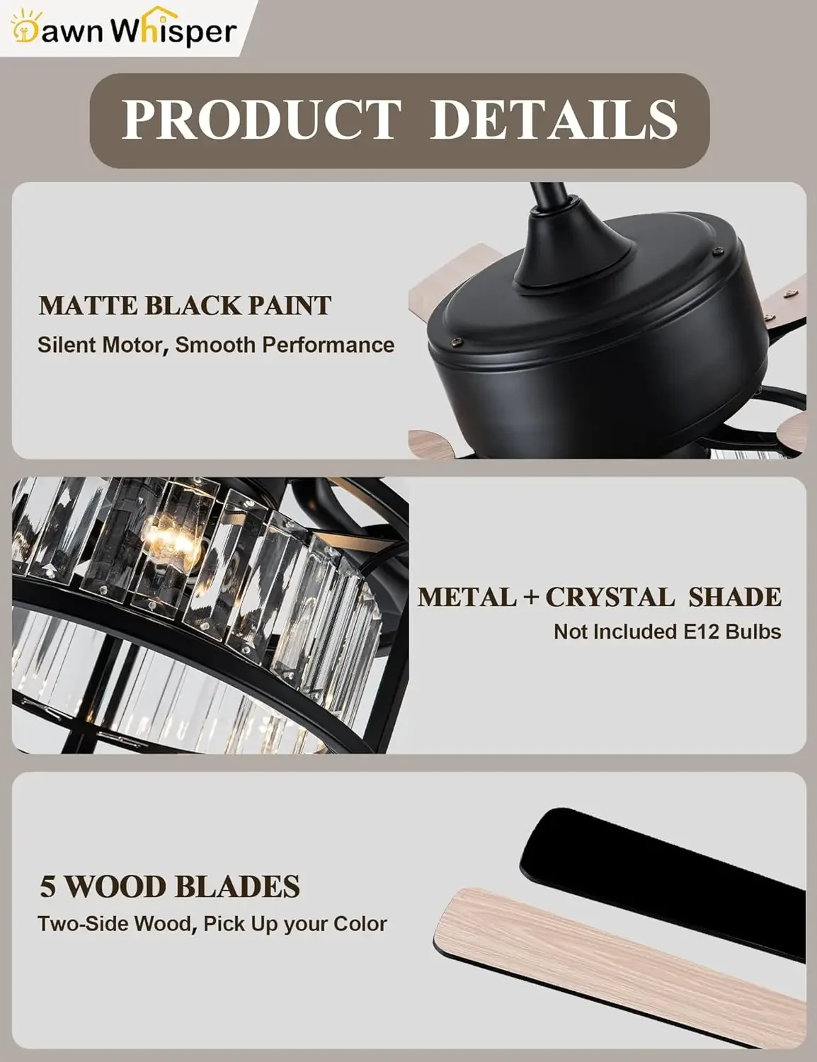 52인치 샹들리에 천장 선풍기 (조명 및 리모컨 포함), 저소음 양방향 DC 모터, 블랙 케이지 모던 침실용 천장 선풍기