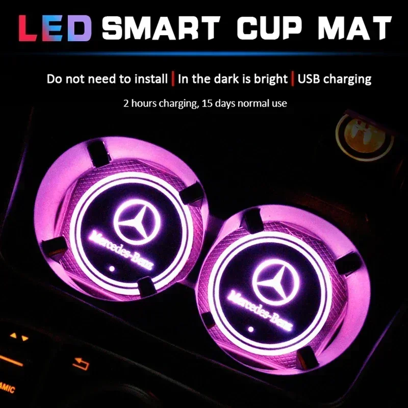 for MERCEDES BENZ LED Cup Mat Light Holder Interior USB Atmosphere Lamp Pads AMG W204 W205 W210 W211 W212 GLE Decoration Emblem