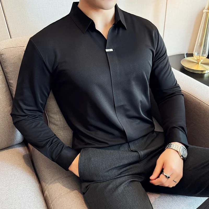 High Elasticity Men Polo Shirt 2025 British Style Autumn Thin Solid Casual Elastic Slim Fit Long Sleeves T-shirt Men Clothing