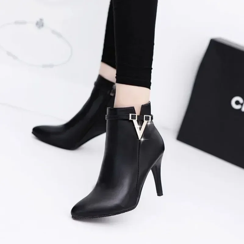 Stiletto Thin Heel Pointed Toe Faux Leather Zipper Sexy Boots Ankle Women Boot Red High Heels 9cm Spring Autumn 40 Boot