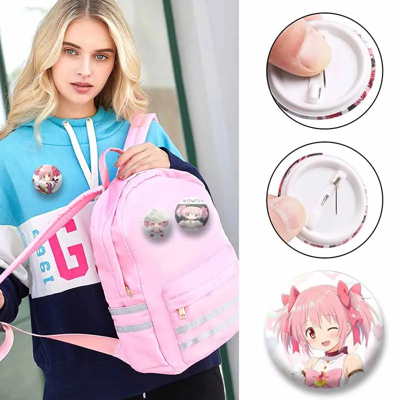 Cute Cartoon Character Madoka Kaname Brooch Anime Peripheral Round Enamel Pins Bag Clothes Hat Decor Jewelry Badge Friend Gifts