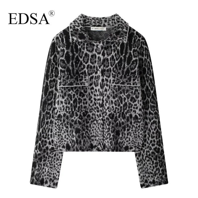 EDSA Women Leoaprd Jacquard Knit Jacket with Pockets Single Breasted Long Sleeves Female Chic Outfit