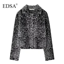 EDSA Women Leoaprd Jacquard Knit Jacket with Pockets Single Breasted Long Sleeves Female Chic Outfit