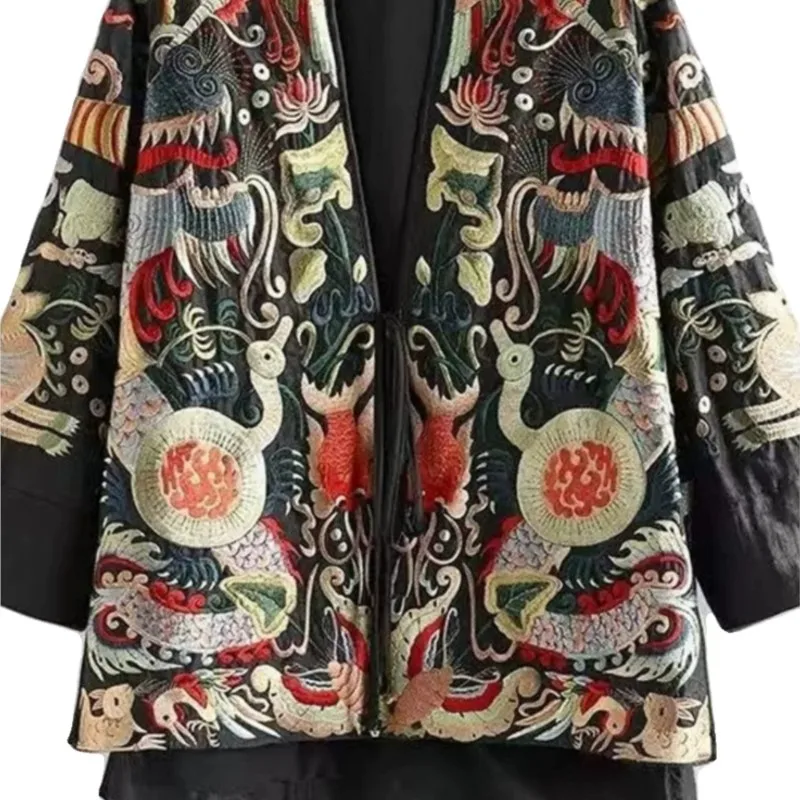 New Chinese-Style Artificial Silk Xiangyun Yarn Short Coat Heavy Industry National Style Printing Long Sleeve Cardigan Top