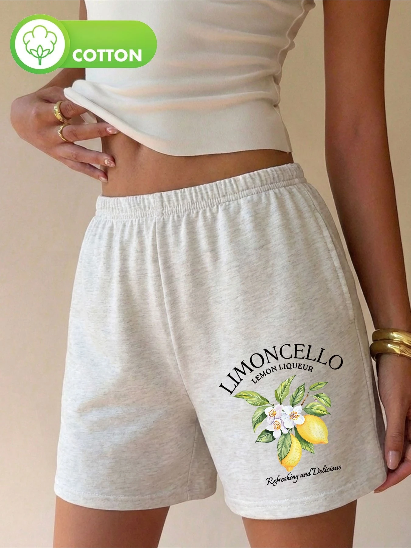 Women's Casual Shorts Watercolor Style Lemon Flower Print Daily Versatile Pants Loose Sports Women's Pants