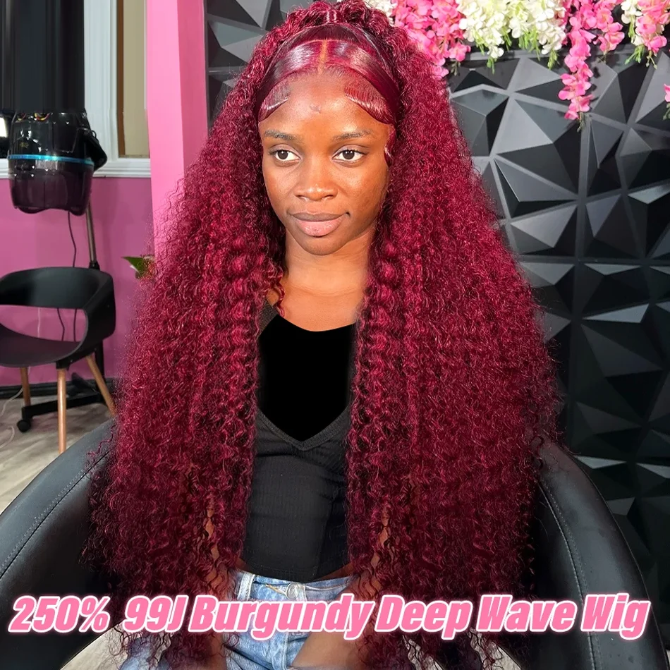 250% Deep Wave 13x6 HD Lace Frontal Wig 99J Burgundy Red Curly Wigs Colored Water Wave Lace Front Human Hair Wigs For Women Sale