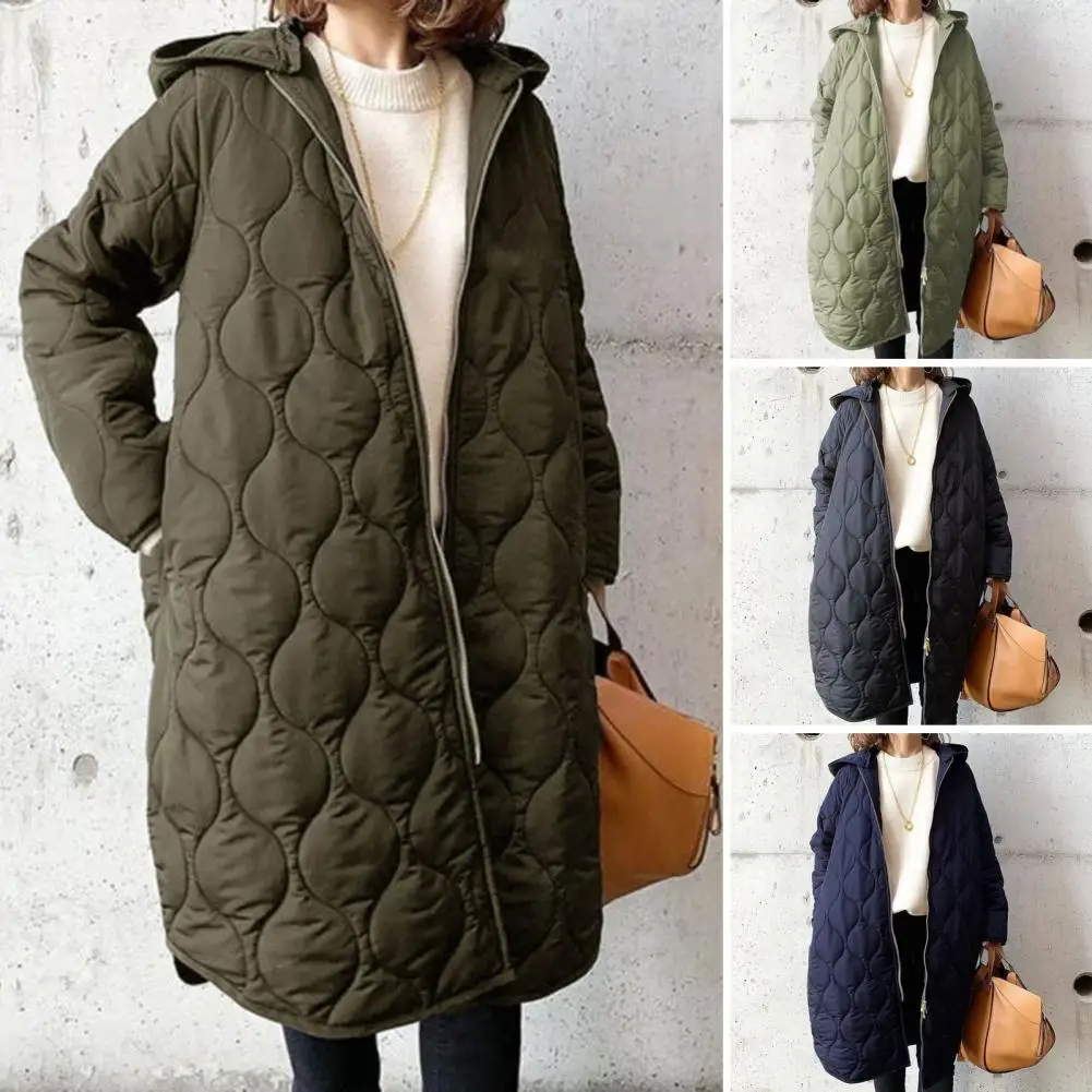 Fall Winter Women Jacket Hooded Zip-up Rhombus Texture Outerwear Padded Long Sleeves Mid Length Loose Work School Daily Coat