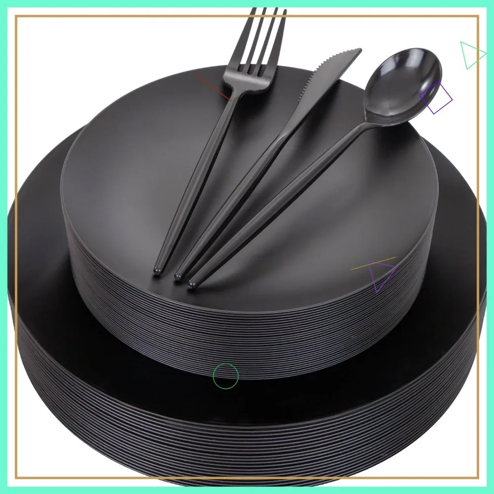 

150pcs Black Plastic Plates Set, Heavy Duty Frosted Dinner and Dessert Plates with Silverware, 10.25" and 7.5" Sizes