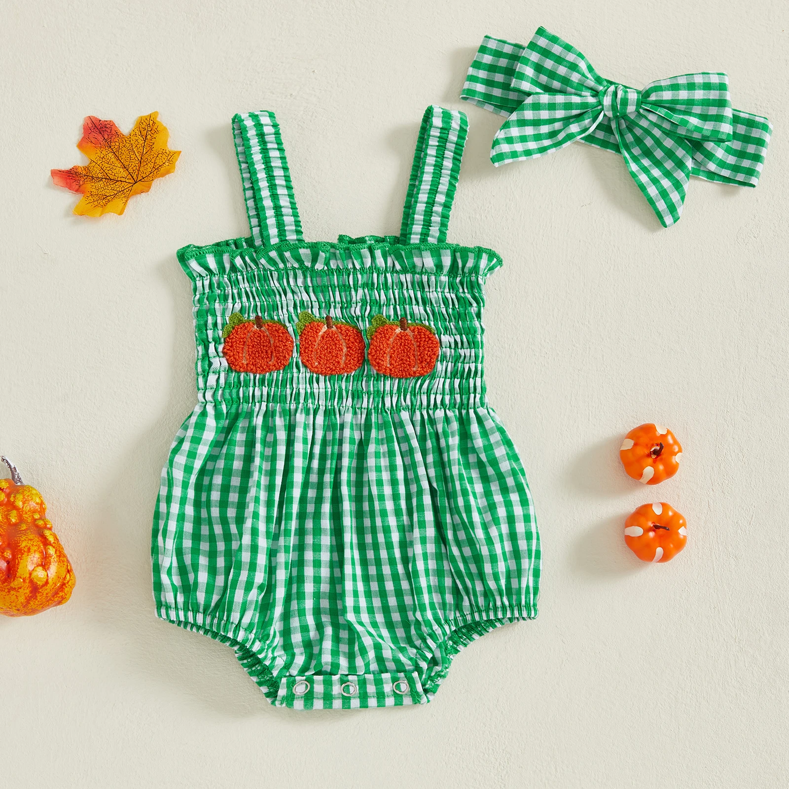 

VISgogo 0-18 Months Baby Girl Halloween Outfit Plaid Pumpkin Embroidered Sleeveless Smocked Overall Romper Headband 2 Piece Set