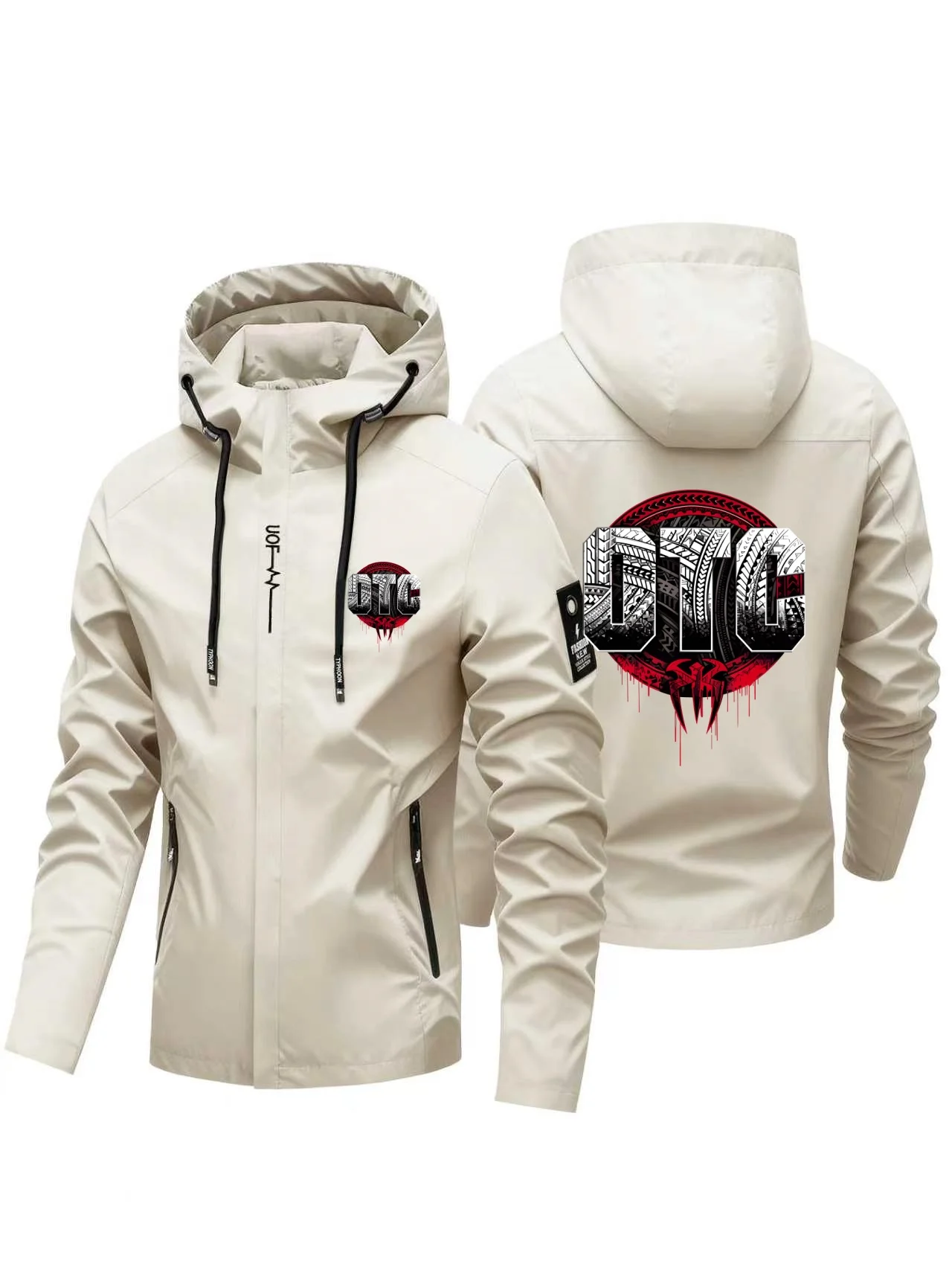2026 New Model Multi-color Optional Men OTC Tire Pattern Letter Print Hooded Coat, Windproof Waterproof Zipper Hoodie Outerwear