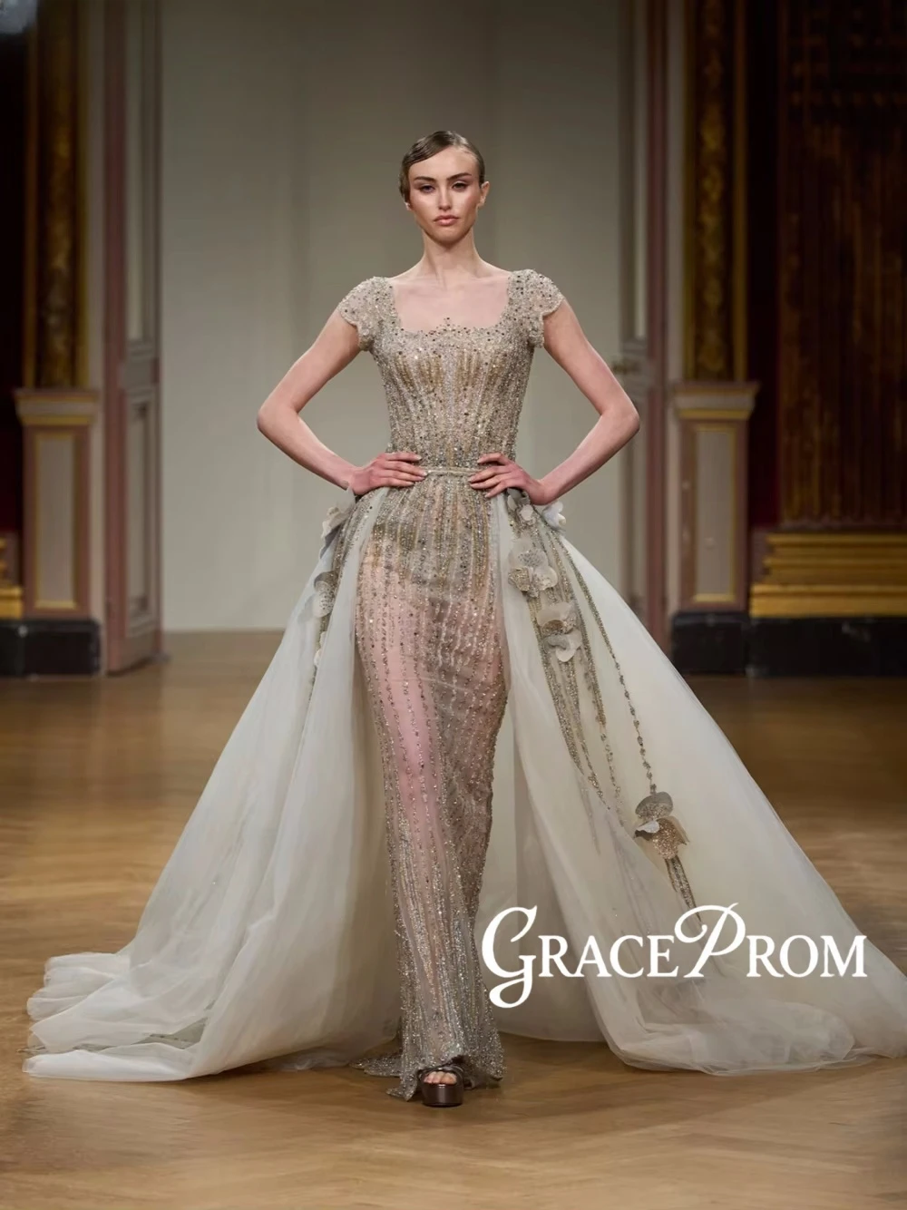 

Floral Detachable Train Sophisticated Evening Dress New Arrival Tulle Glitter Cocktail Customized Women Beaded Sexy Party Wear