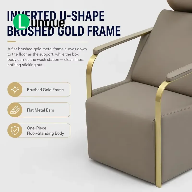 Taupe Shampoo Chair with Wire Gold Metal Armrest Frame and Mirror Gold Basin Floor to Ceiling Chassis for Hair Beauty