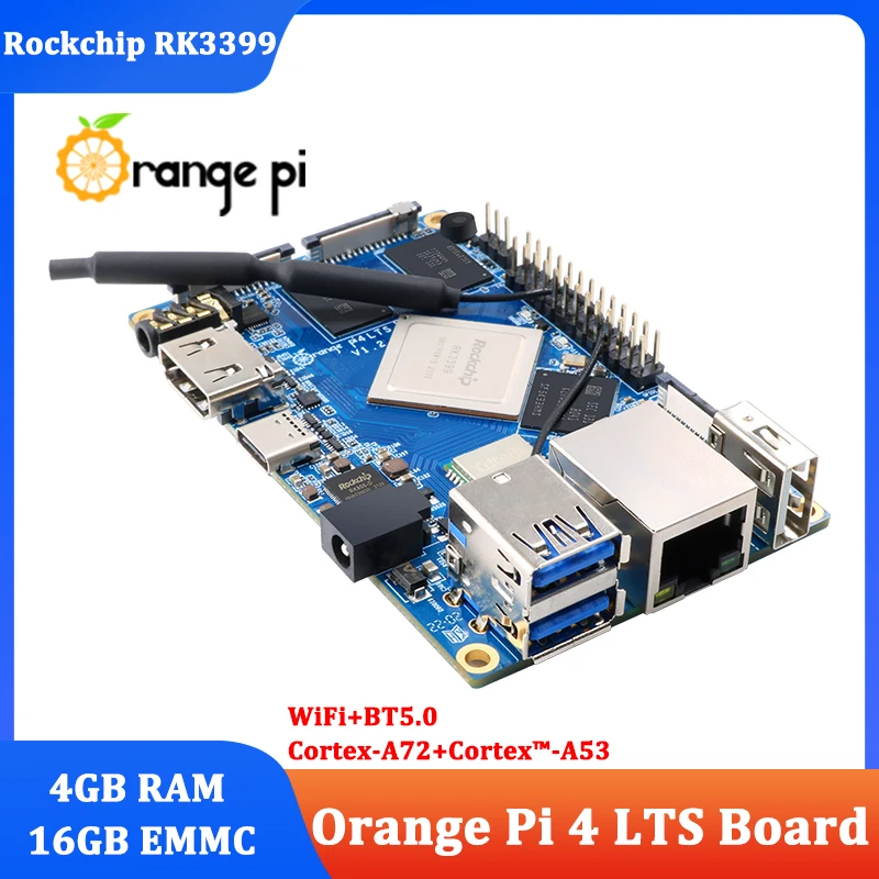 Orange Pi 4 LTS 4GB RAM 16GB EMMC Rockchip RK3399 Wifi+BT5.0 Gigabit RK808 PMU Support Android Ubuntu Debian OS for OPI 4 LTS