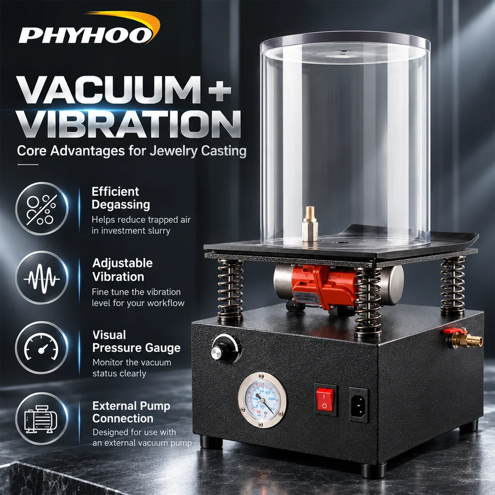 PHYHOO Vacuum Vibration Degassing Machine for Jewelry Casting Investment Adjustable Speed Transparent Chamber Vacuum Gauge 180mm