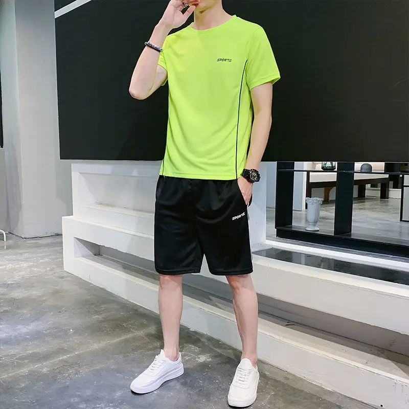 Summer Korean Loose Sports Set Men Solid Embroidery Round Neck Short Sleeve T-shirt Running Casual Elastic Waist Pocket Shorts