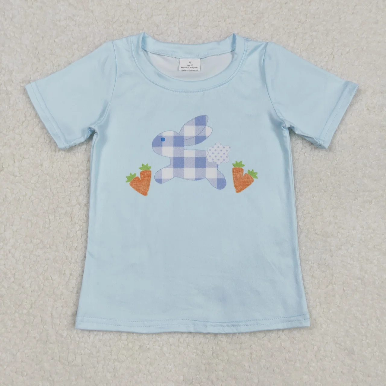 Wholesale Children Kids Short Sleeves Easter Checked Rabbit carrots Shirt Infant Toddler Clothing Baby Boy Blue T-shirt Tee